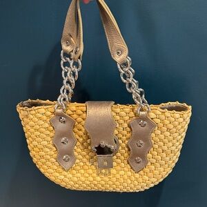 MICHAEL Michael Kors Tan Woven Rattan Shoulder Bag with Pewter Accents